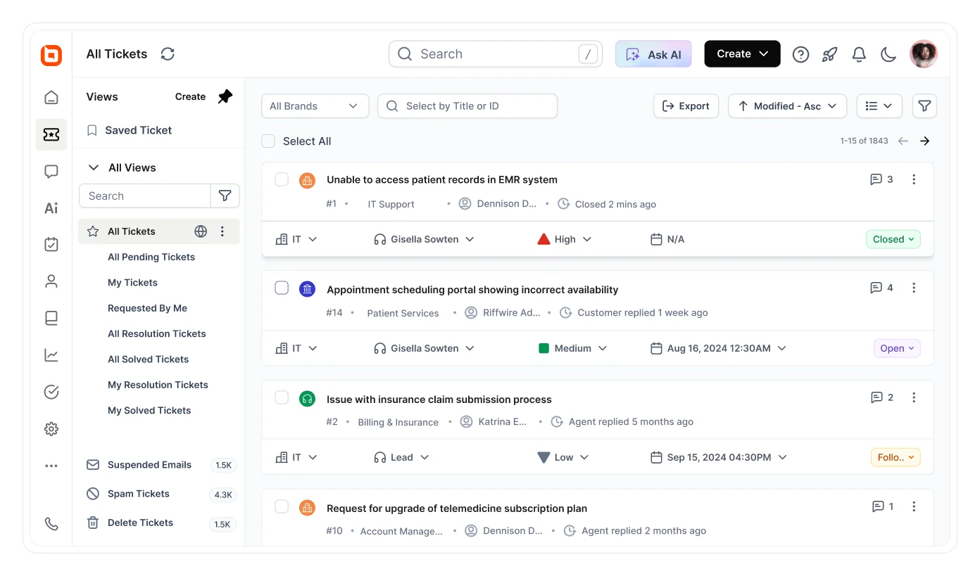 BoldDesk free help desk ticketing system dashboard displaying ticket management, priorities, and reporting features.