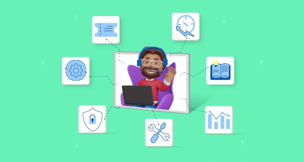 Illustration showcasing free help desk software for startups with ticketing system, automation, reports, and support tools.