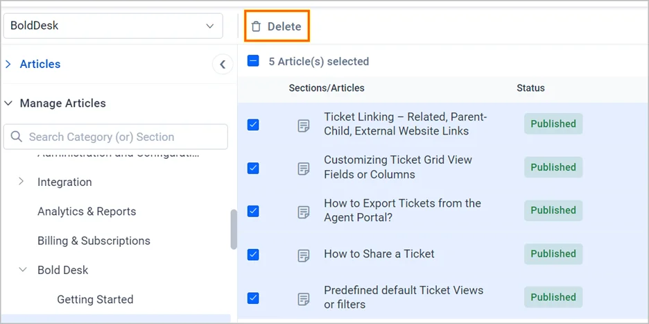 Interface showing multiple published articles selected for deletion in article management