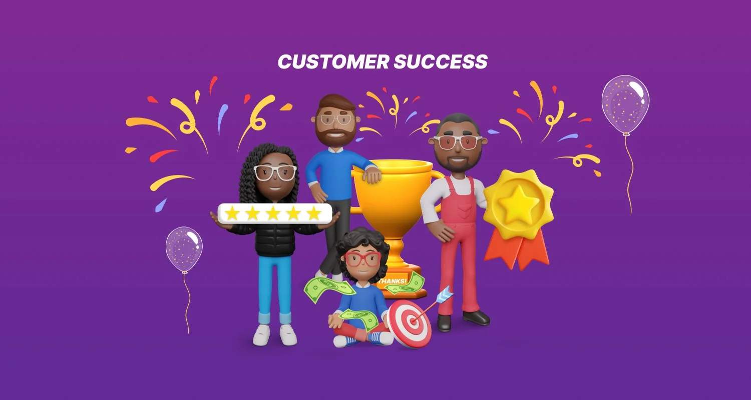 Customer success celebration with trophy, star rating, and confetti on purple background – Bolddesk