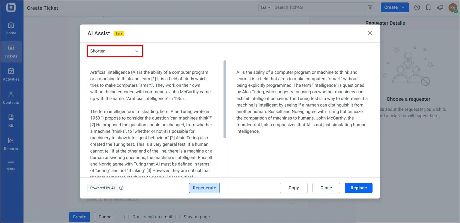 AI text assist interface with Shorten highlighted, showing text comparison and options to copy or regenerate