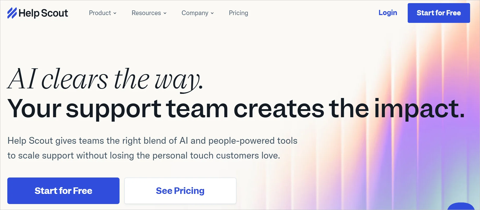 Help Scout’s homepage showcasing its blend of AI and human‑powered tools designed to help small teams scale customer support