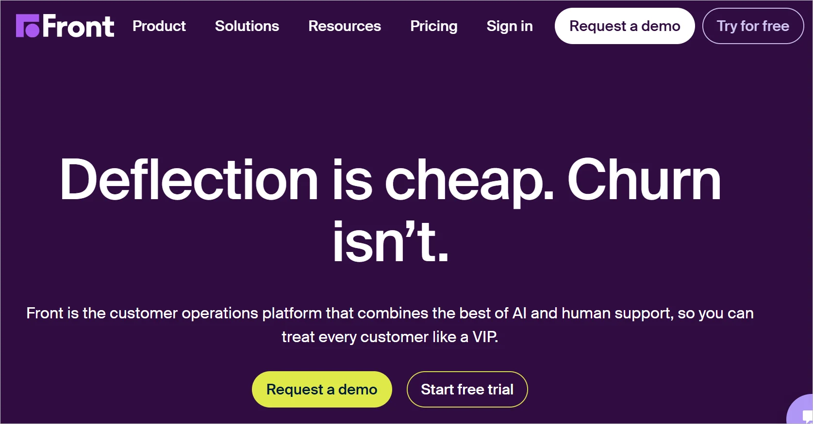 Front homepage highlighting its customer operations platform blending AI and human support to reduce churn.