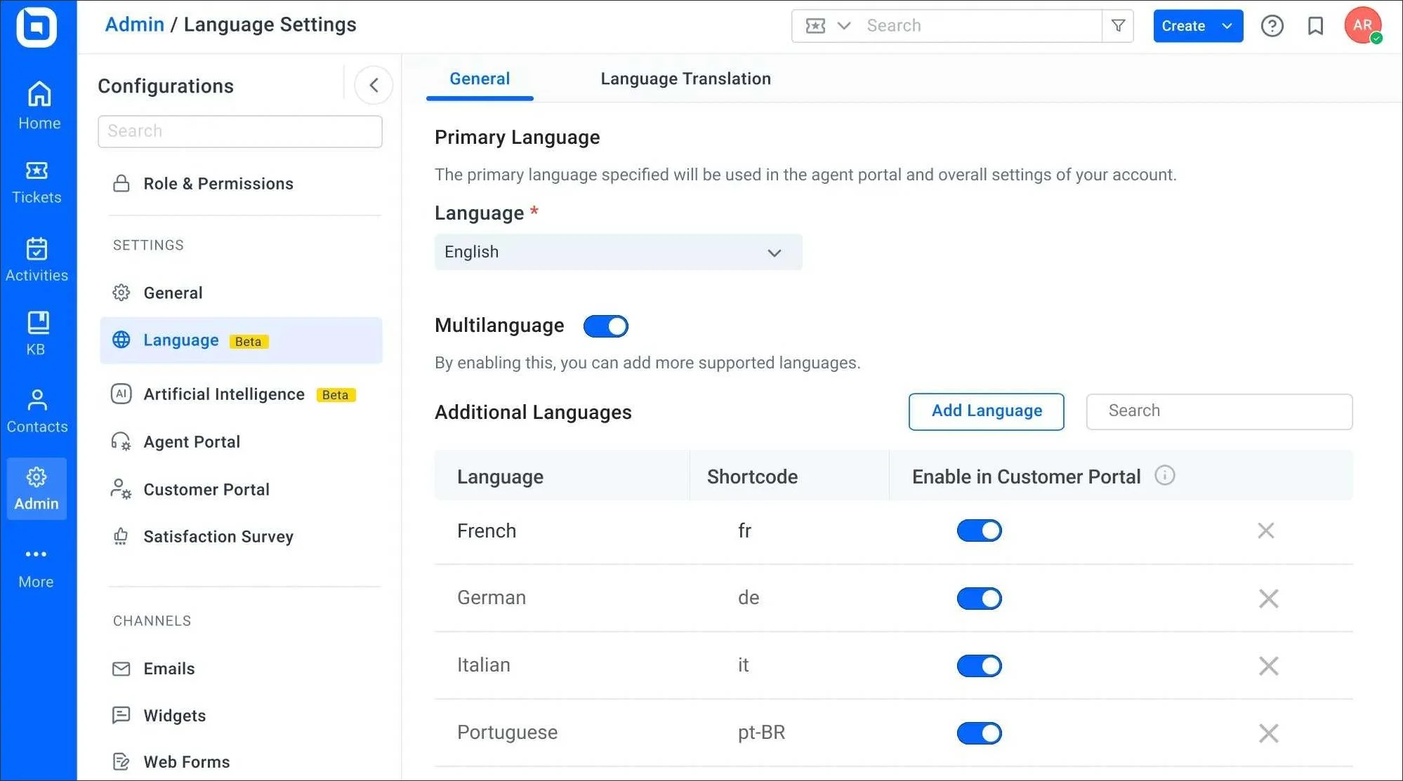 Admin language settings page with options to set primary language, enable multilingual support, and toggle languages like French, German.