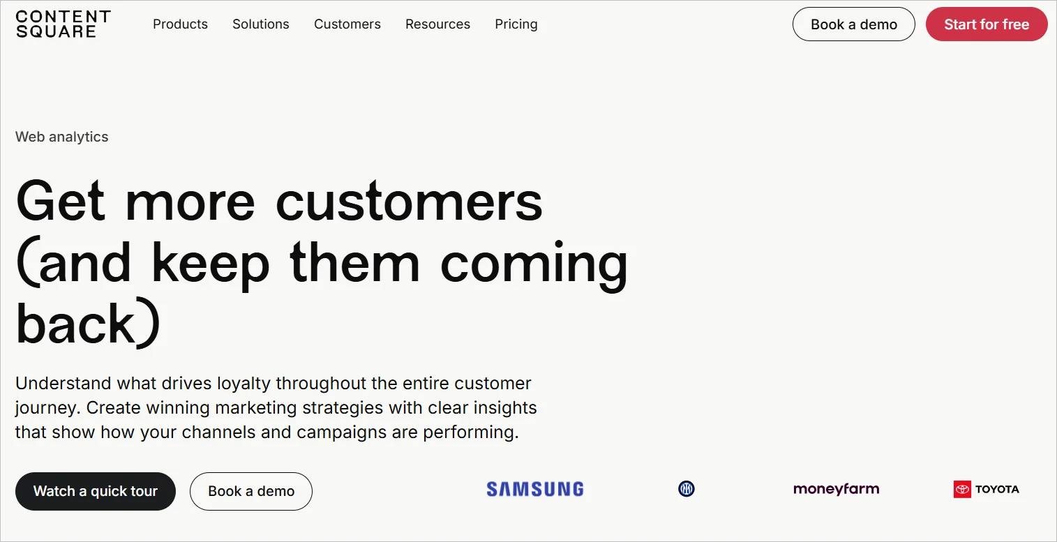 Contentsquare homepage showing headline about getting more customers and understanding the customer journey.