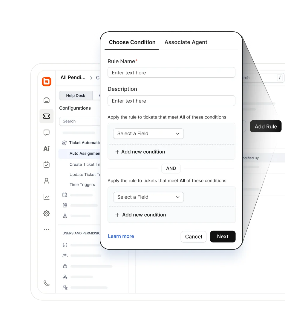 Customer service software workflow showing automated ticket assignment and round-robin routing to support agents.