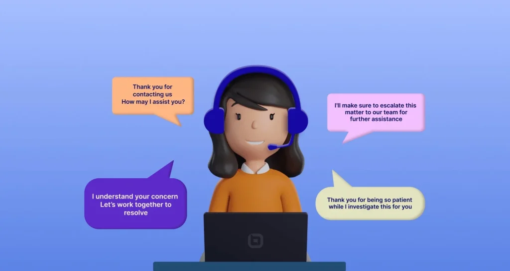 Support agent with blue headset, laptop, and purple, pink, orange, and cream chat bubbles