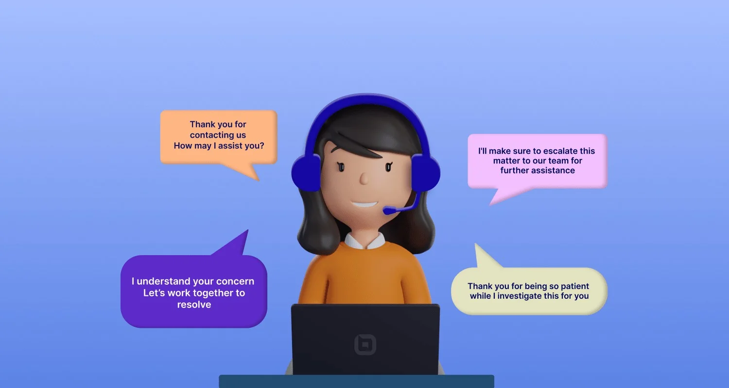 Support agent with blue headset, laptop, and purple, pink, orange, and cream chat bubbles