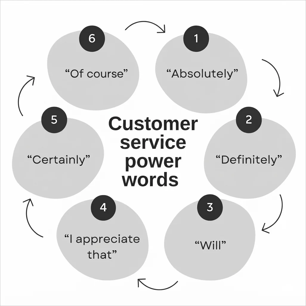 Customer service power words diagram with gray circles showing “Absolutely,” “Definitely,” “Will,” and other key phrases