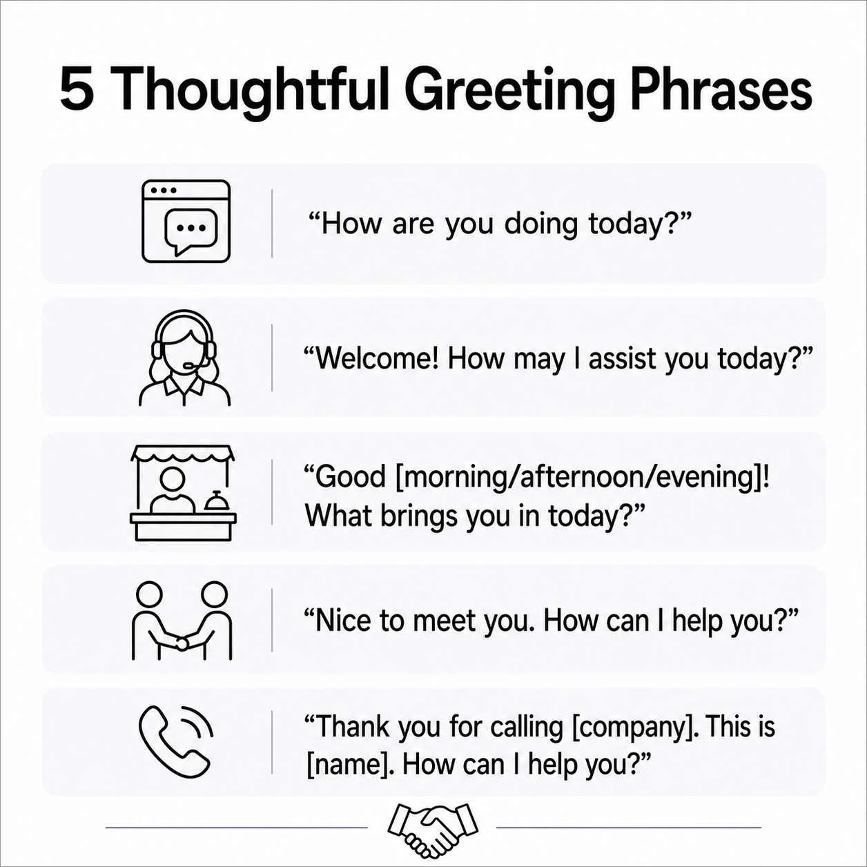 Five customer service greeting phrases with black icons and text on a light gray background