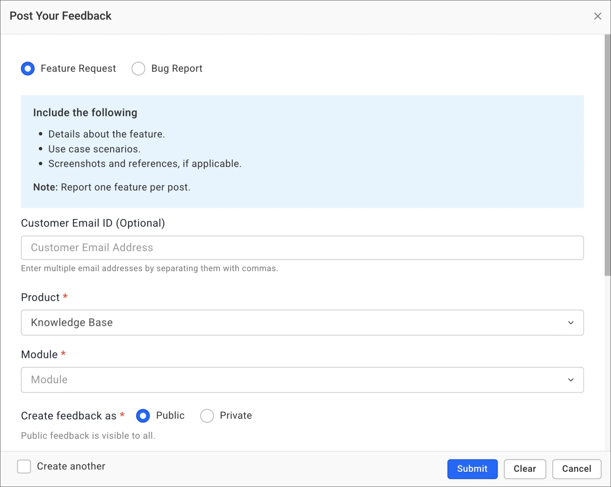 Feedback form with fields for email, product, module, and options for feature request or bug report.