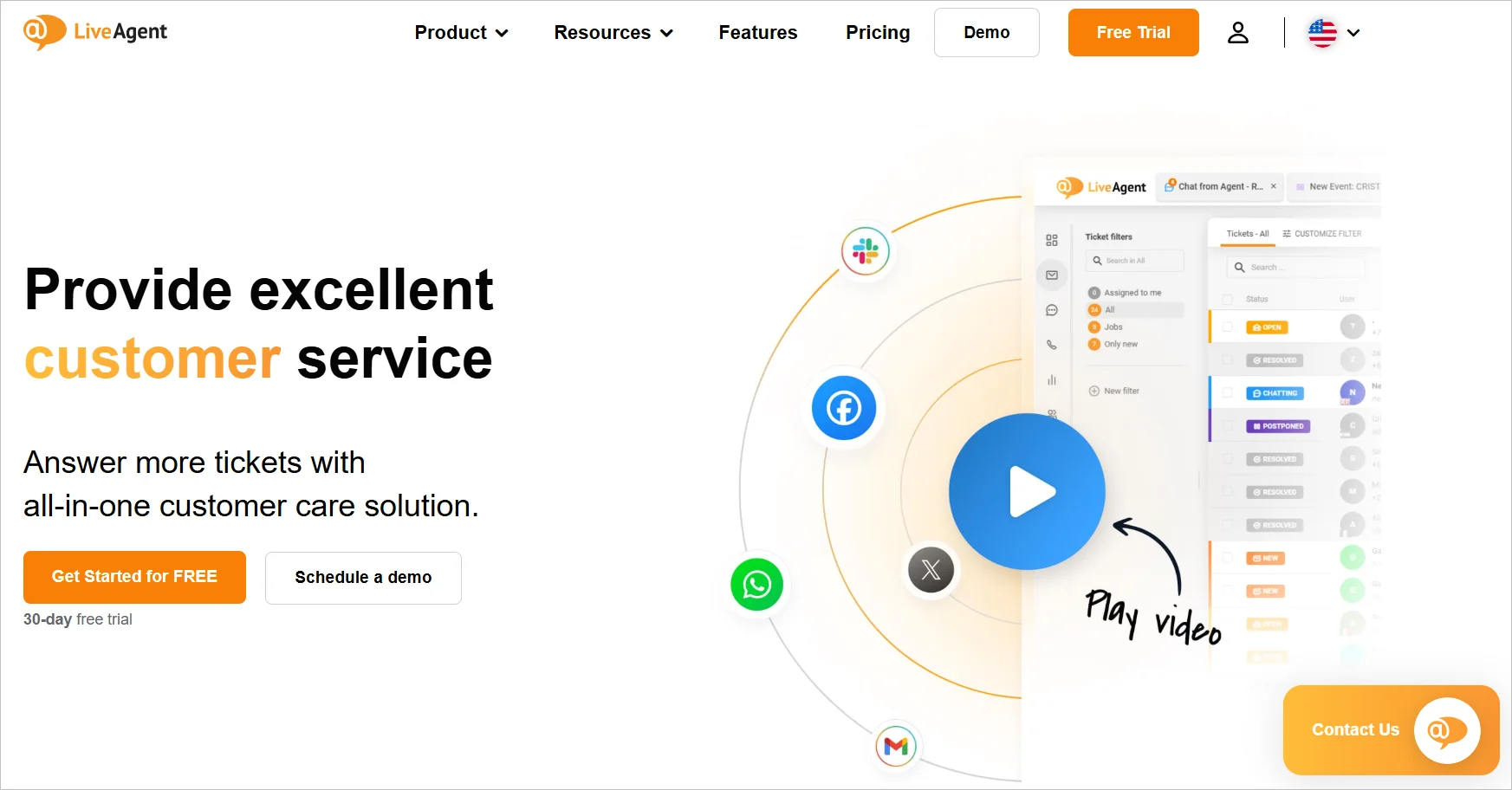 LiveAgent homepage highlighting its all‑in‑one customer service platform with ticketing and multichannel support