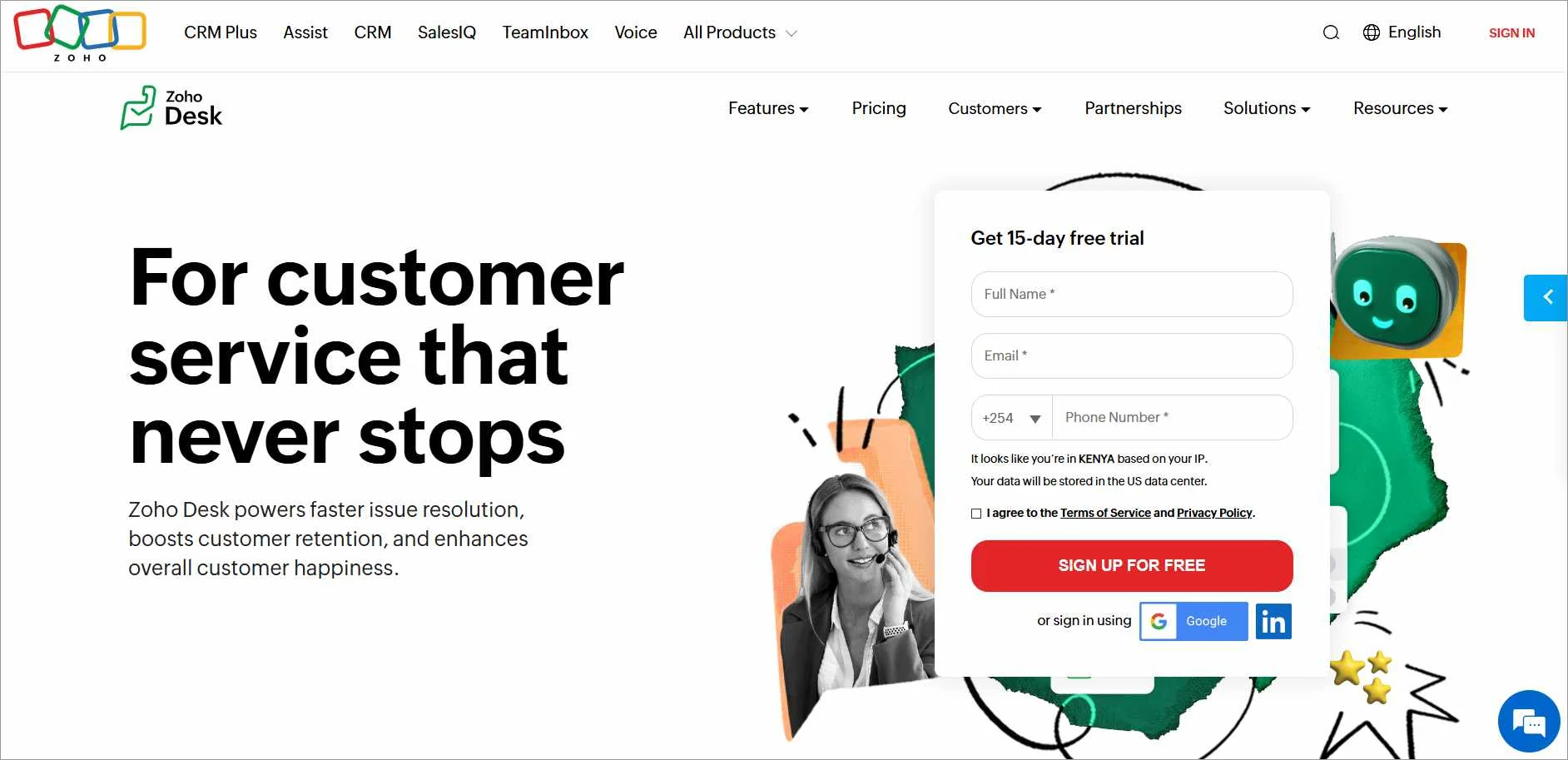 Zoho Desk homepage highlighting features as a top Zendesk alternative for customer service