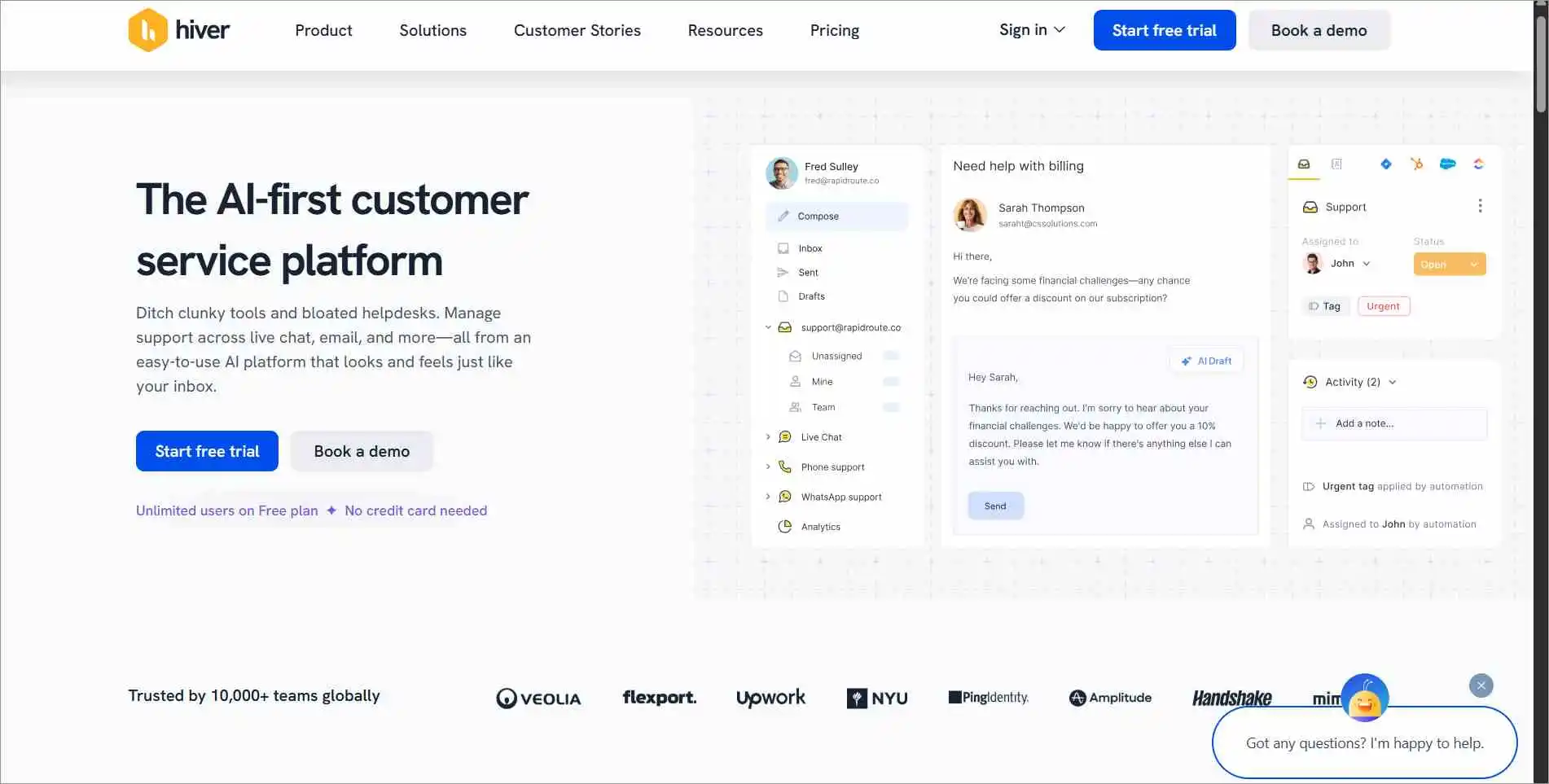 Hiver homepage showcasing easy-to-use customer service platform as a top Zendesk alternative