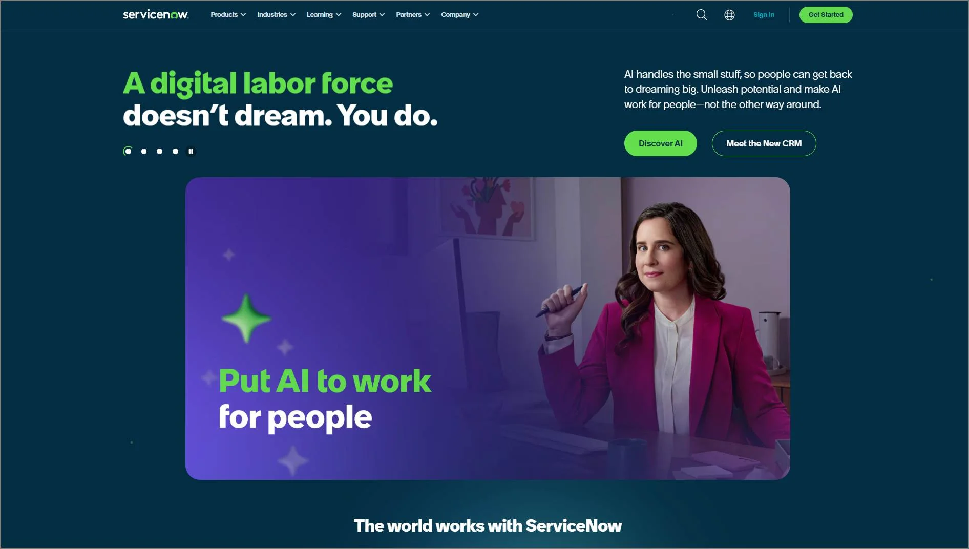 ServiceNow homepage promoting AI-powered workflows as a leading Zendesk alternative for businesses