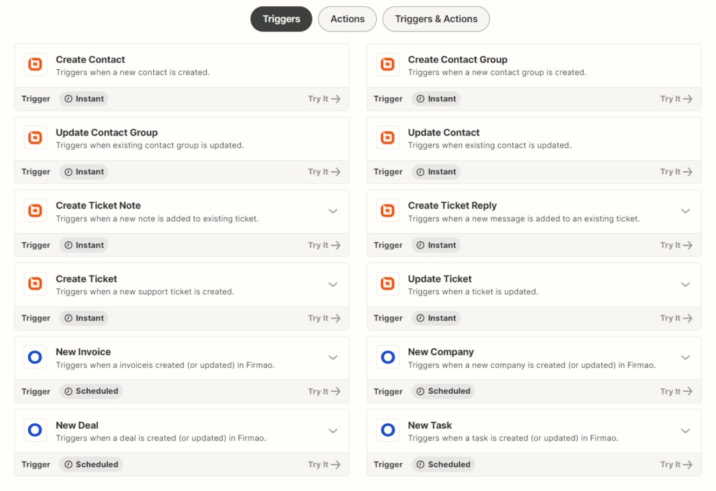 Integrating BoldDesk with Firmao through Zapier using automated triggers for tickets, contacts, invoices, deals, and tasks.