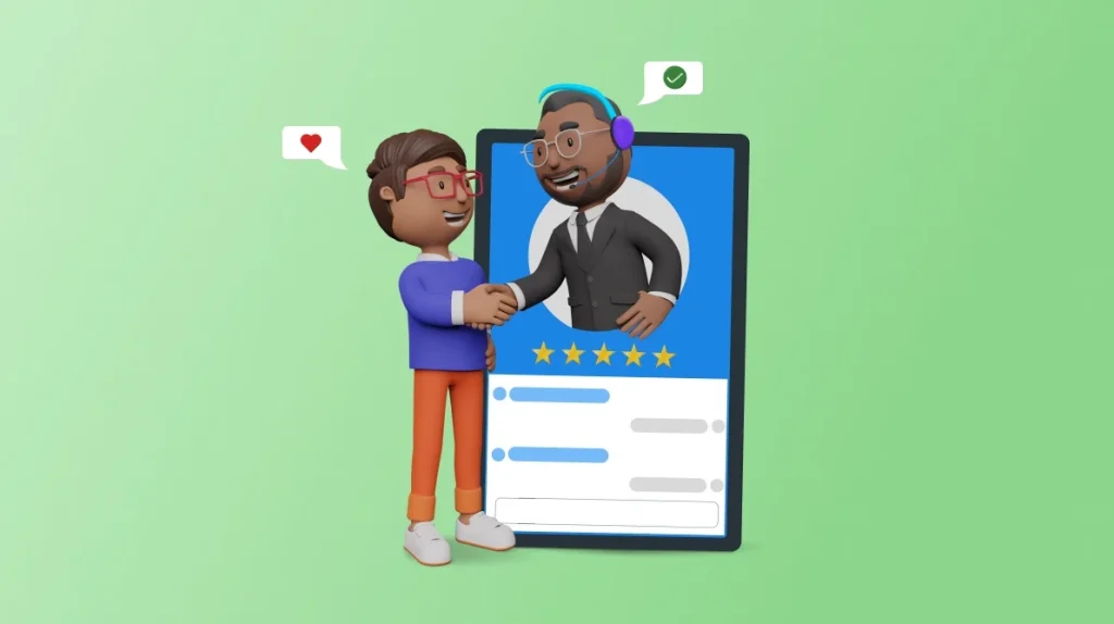 Infographic of a customer shaking hands with support agent on a mobile app profile with five stars on a light green background