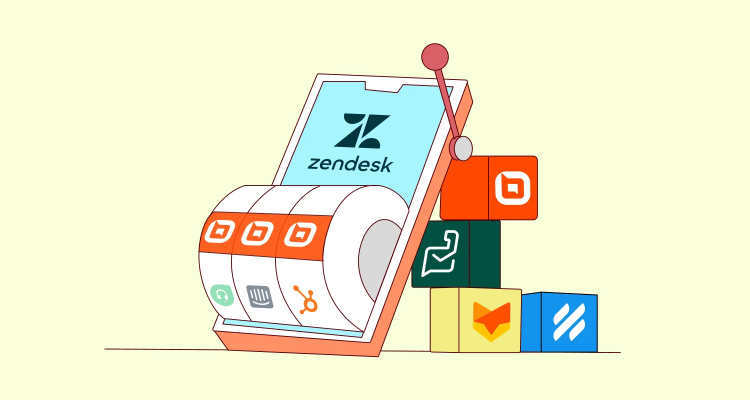 Illustration of a slot machine with Zendesk logo on screen, reels showing app icons, and colorful blocks suggesting a tech theme.