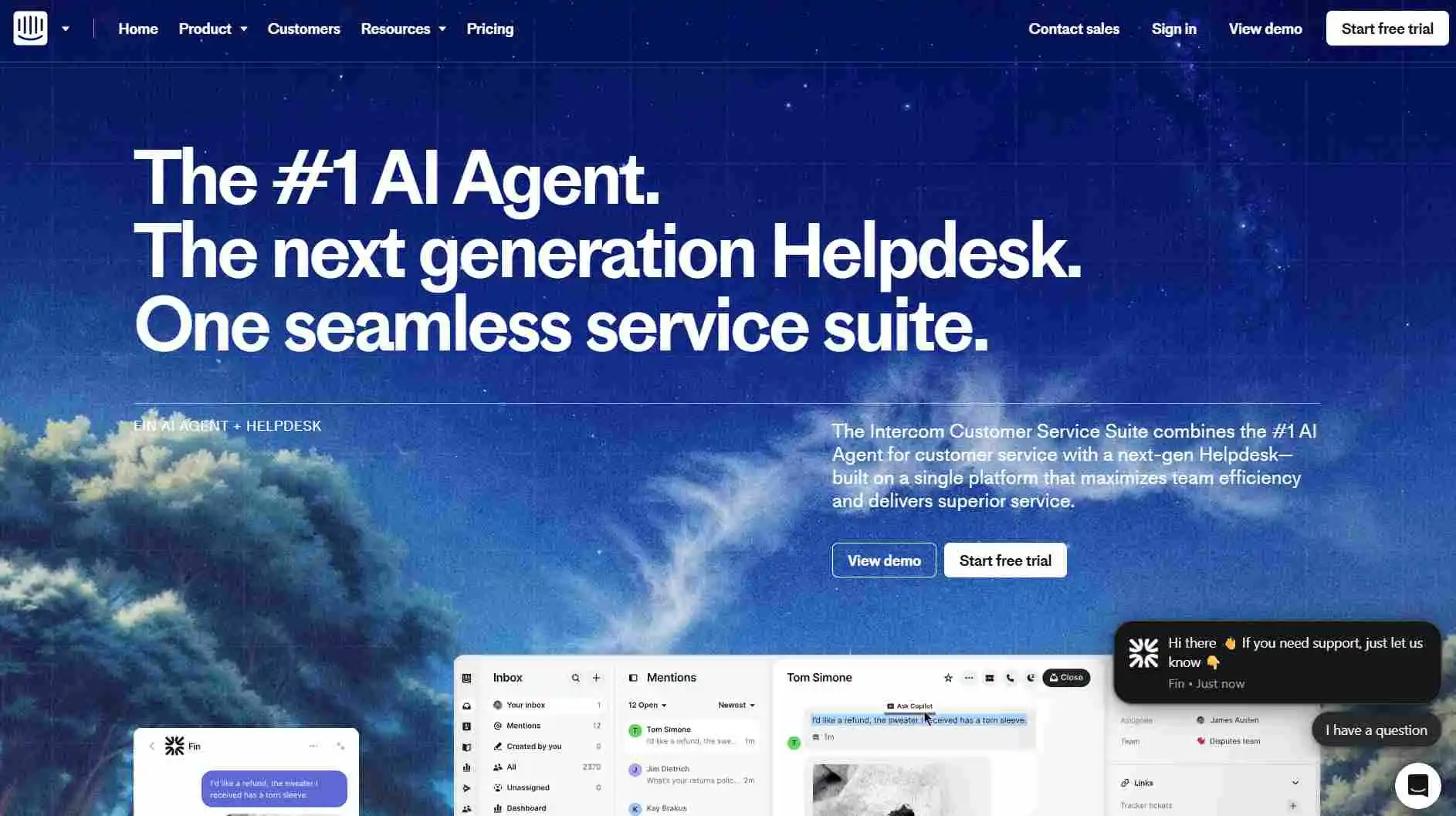 Intercom homepage promoting AI-first customer service platform as a top Zendesk alternative