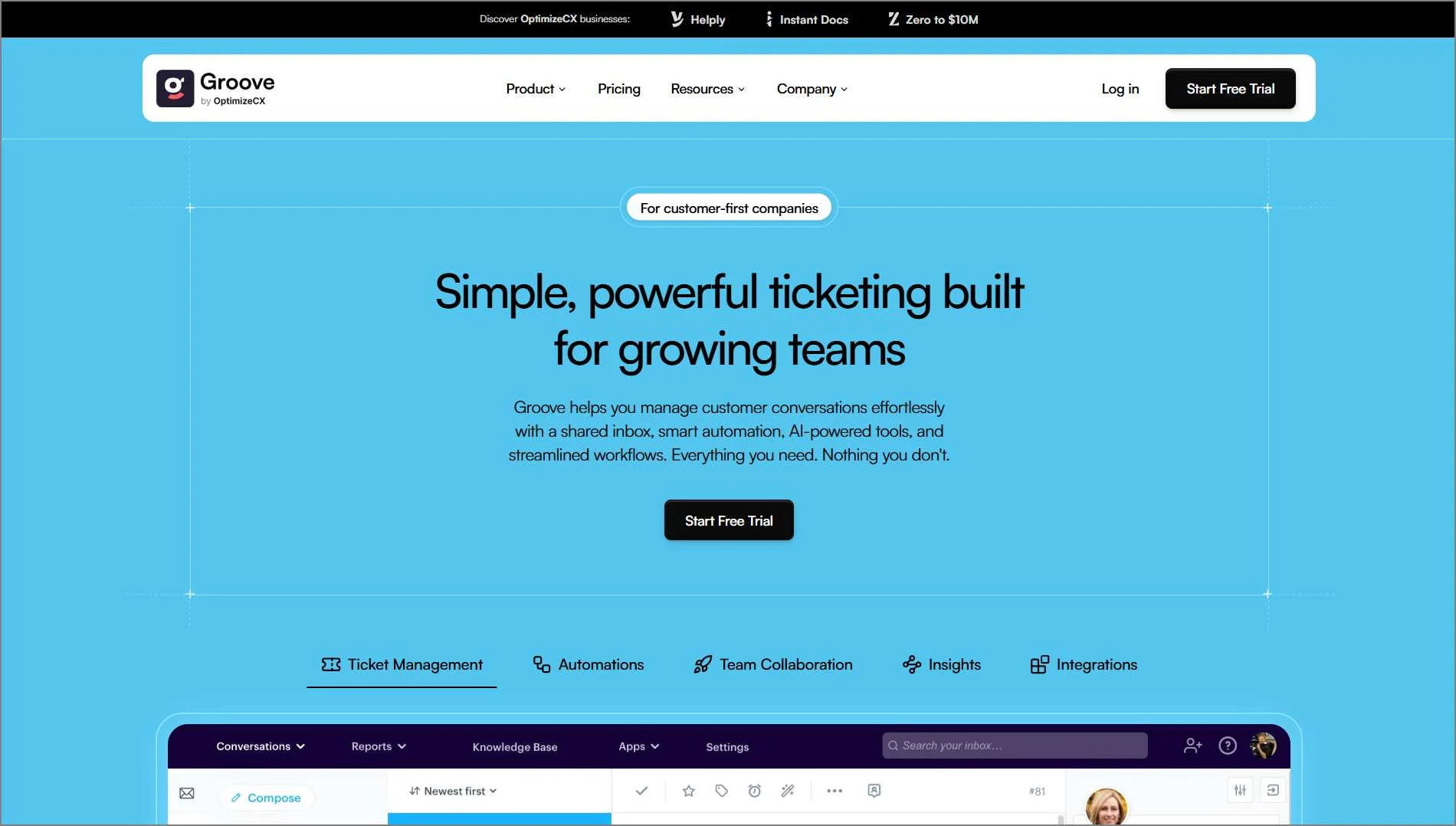 Groove homepage showcasing simple help desk software for small businesses as a Zendesk alternative