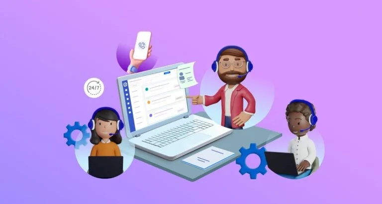 Banner image showing customer support agents working on laptops, around a laptop featuring a ticketing system interface