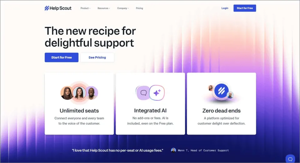 Help Scout webpage promoting unlimited users. Shows top navigation and a preview of the user dashboard at the bottom.