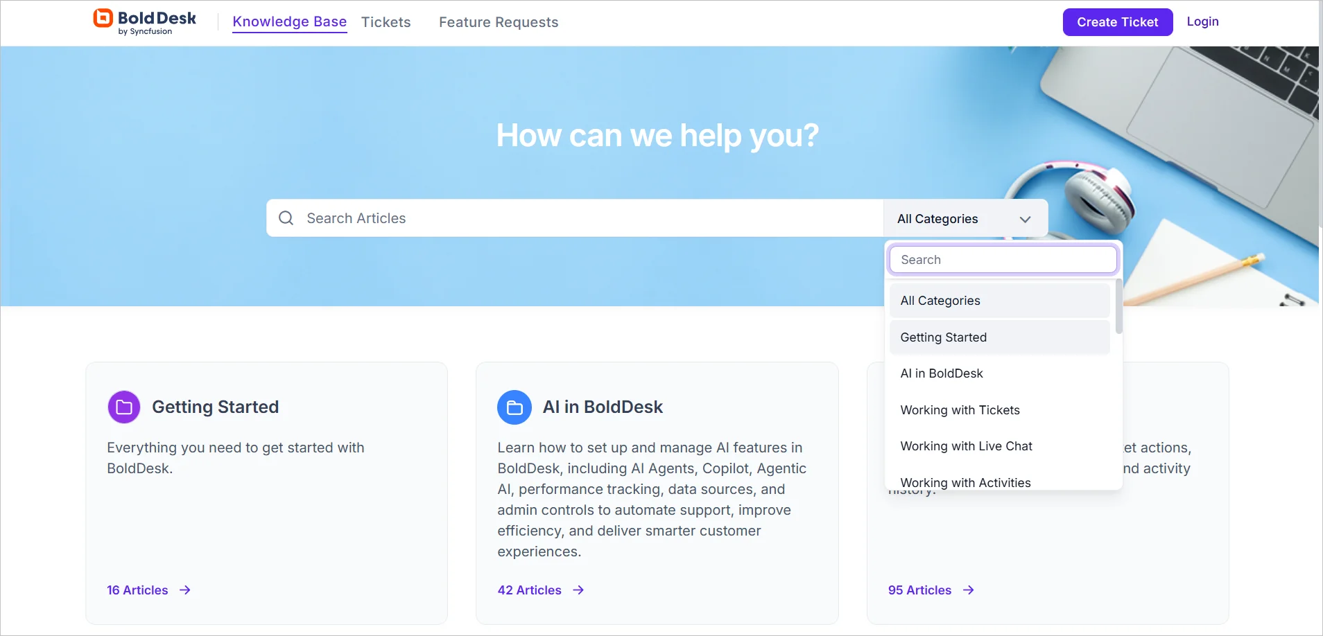 A help center homepage of BoldDesk with a search bar and six article sections titled Getting Started, Working with Tickets, and more