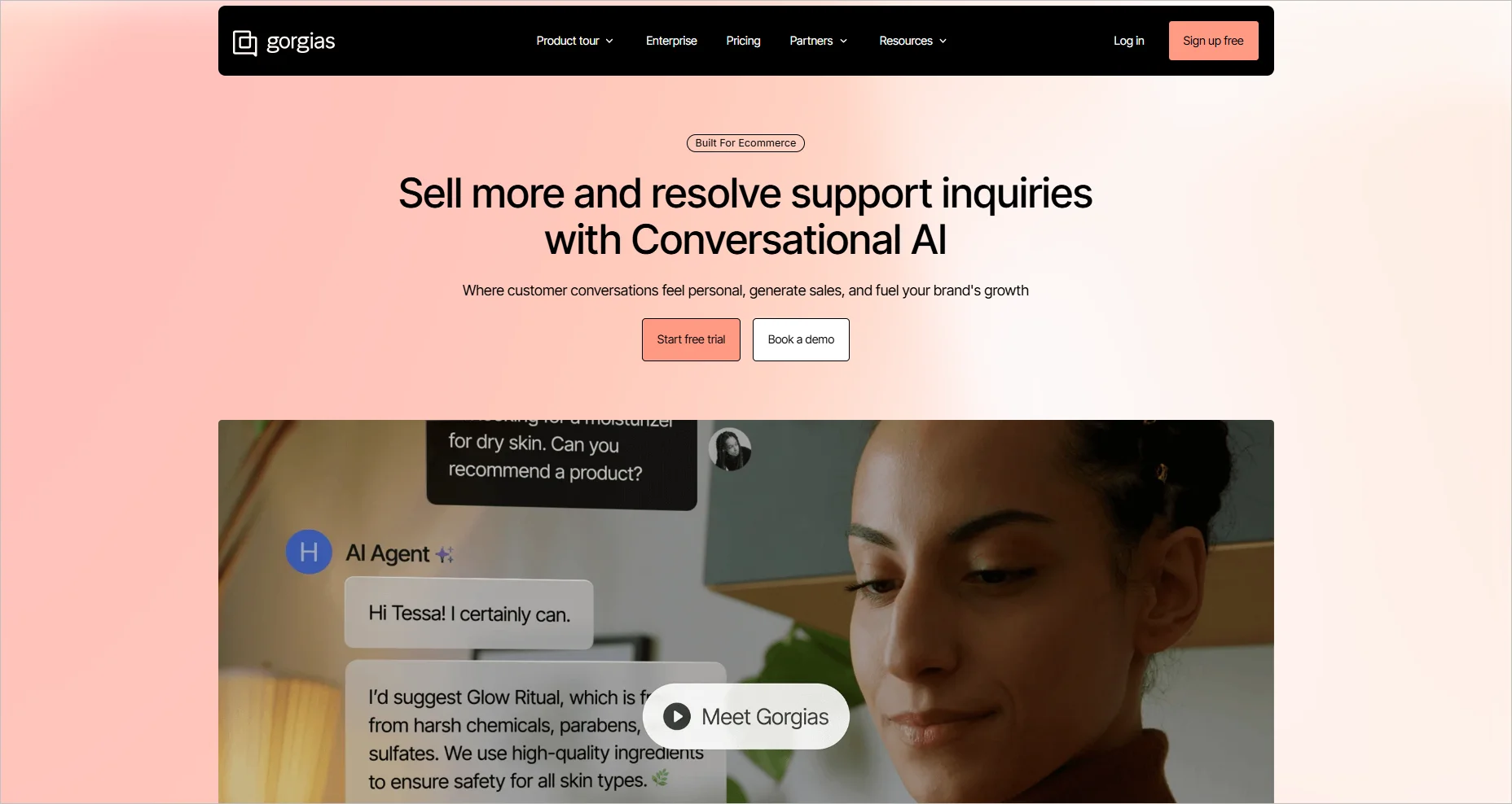 A website homepage promotes conversational AI for customer support, featuring a smiling woman, chat interface, and button for demo.