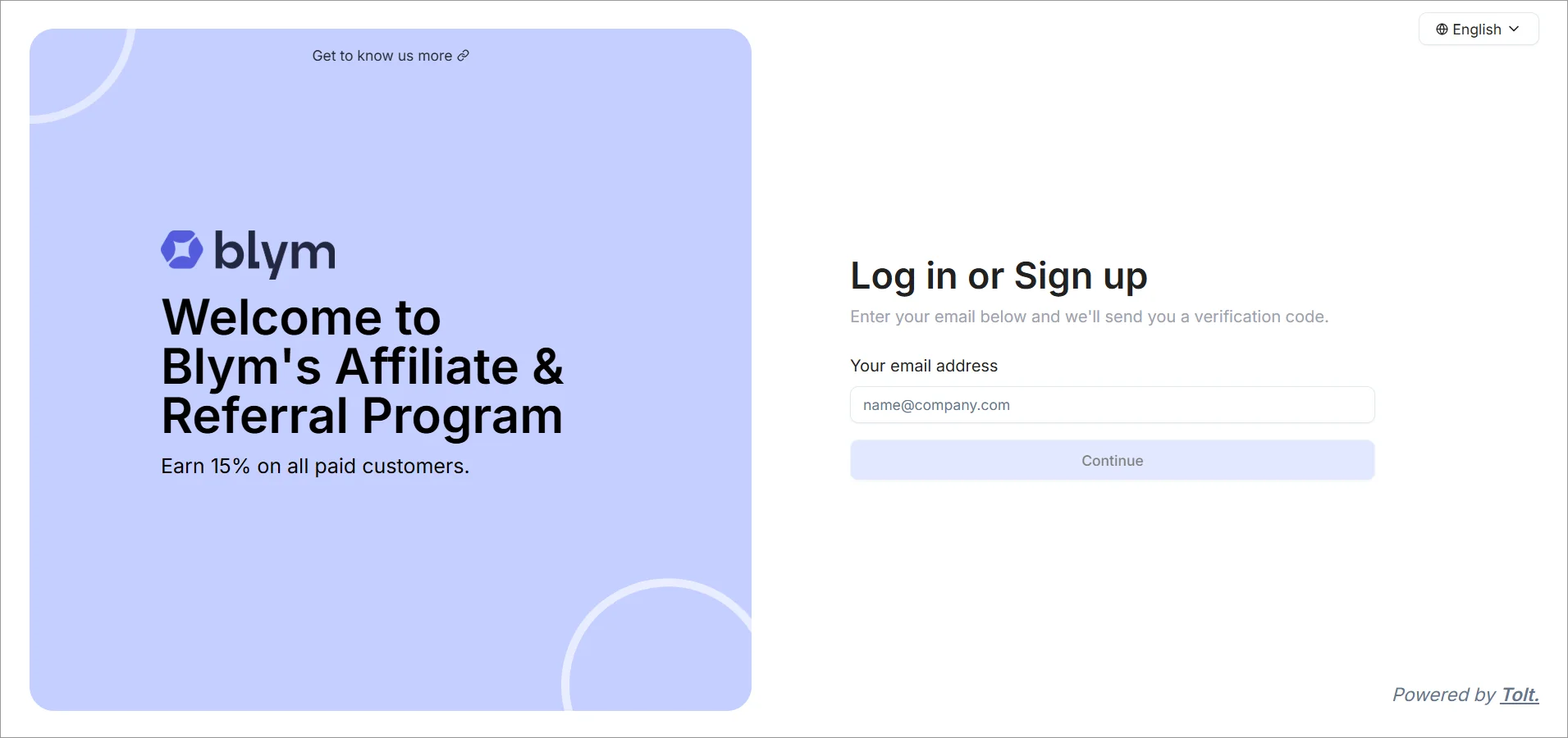 Blym affiliate login page with light purple background, bold black text, Blym logo, and email sign‑up form on white panel