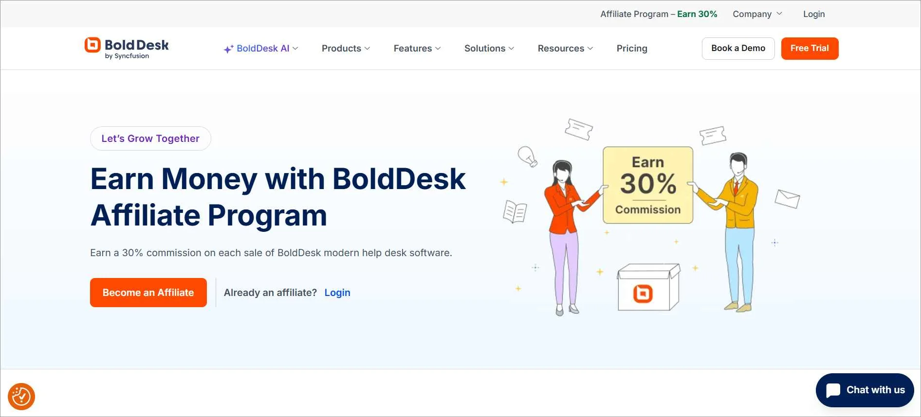 BoldDesk affiliate program page showing 30 percent recurring commission for promoting SaaS help desk software