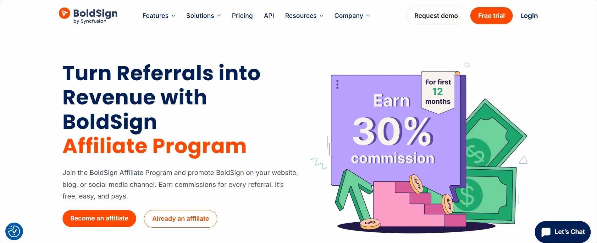 BoldSign affiliate program perks highlighting 30 percent commission, 90‑day cookie period, and SaaS referrals