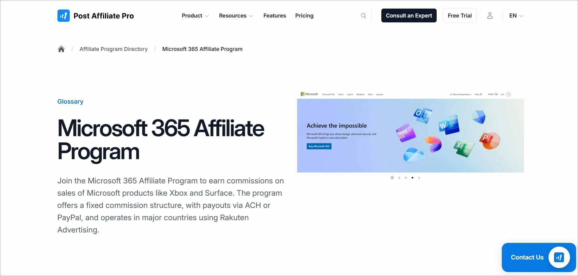 Microsoft 365 affiliate program page showing SaaS referral commissions for business productivity software