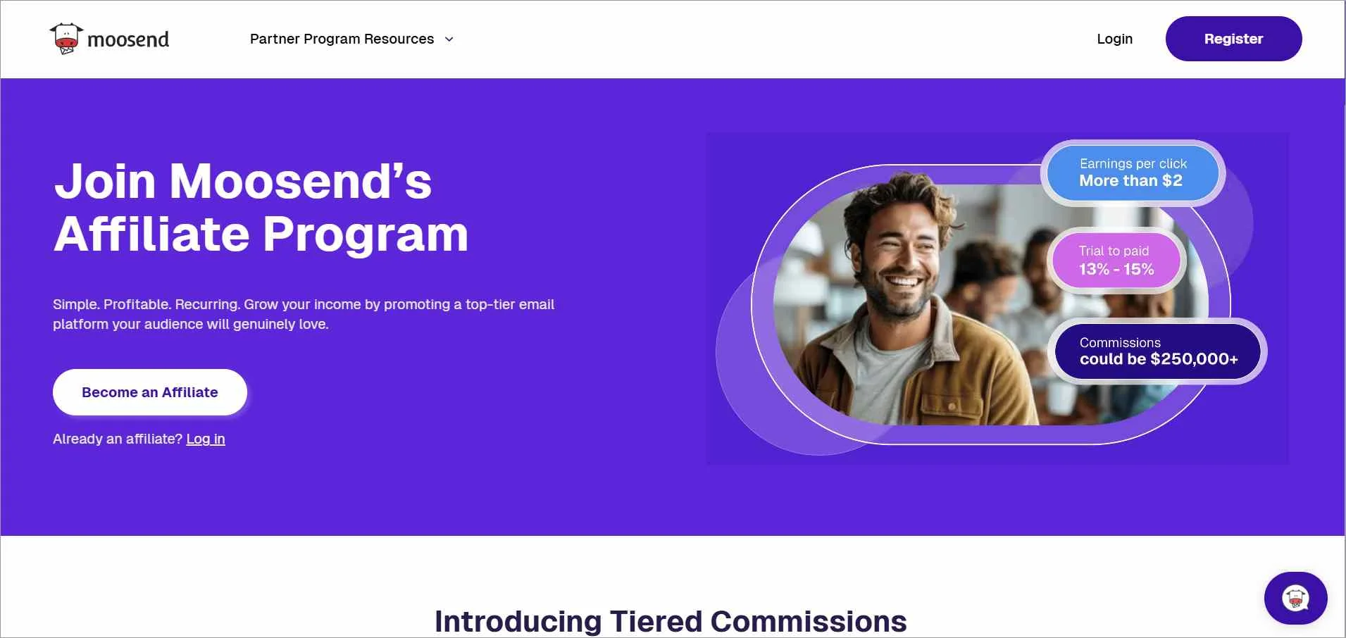 Moosend affiliate program promoting email marketing SaaS with recurring commissions and long cookie duration