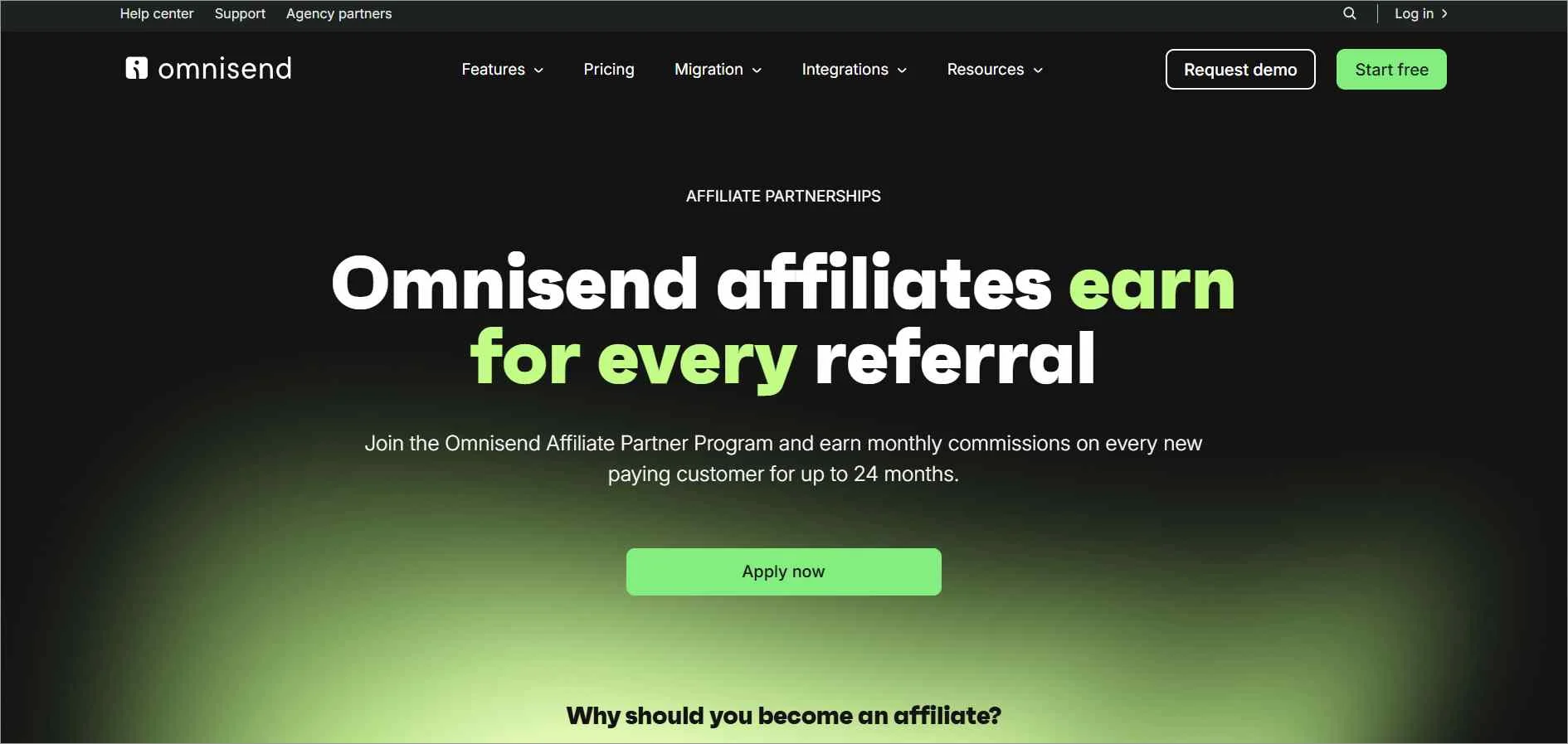 Omnisend affiliate program page offering recurring commissions for ecommerce email marketing SaaS referrals