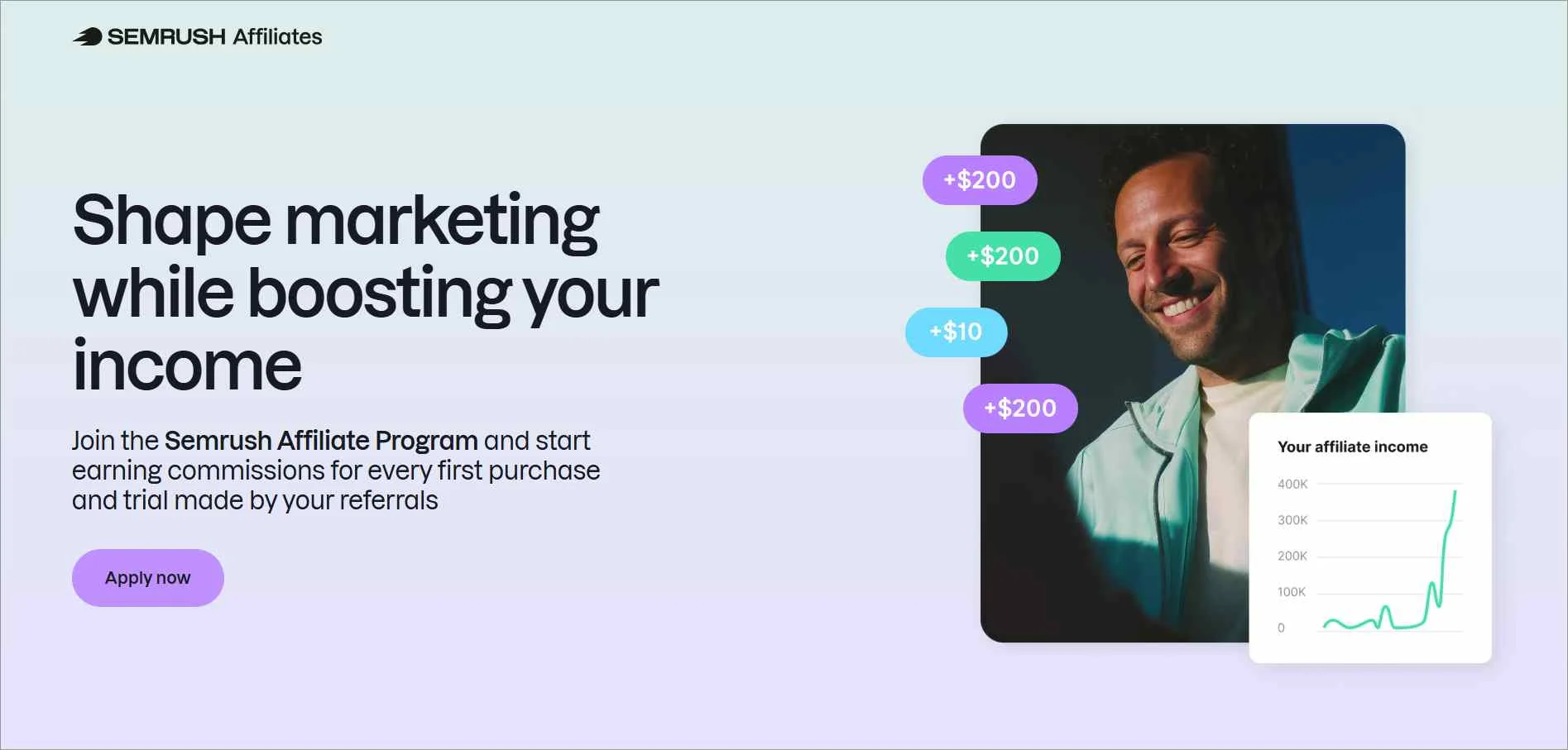 Semrush affiliate program page offering commission‑based earnings for SEO and digital marketing SaaS promotions
