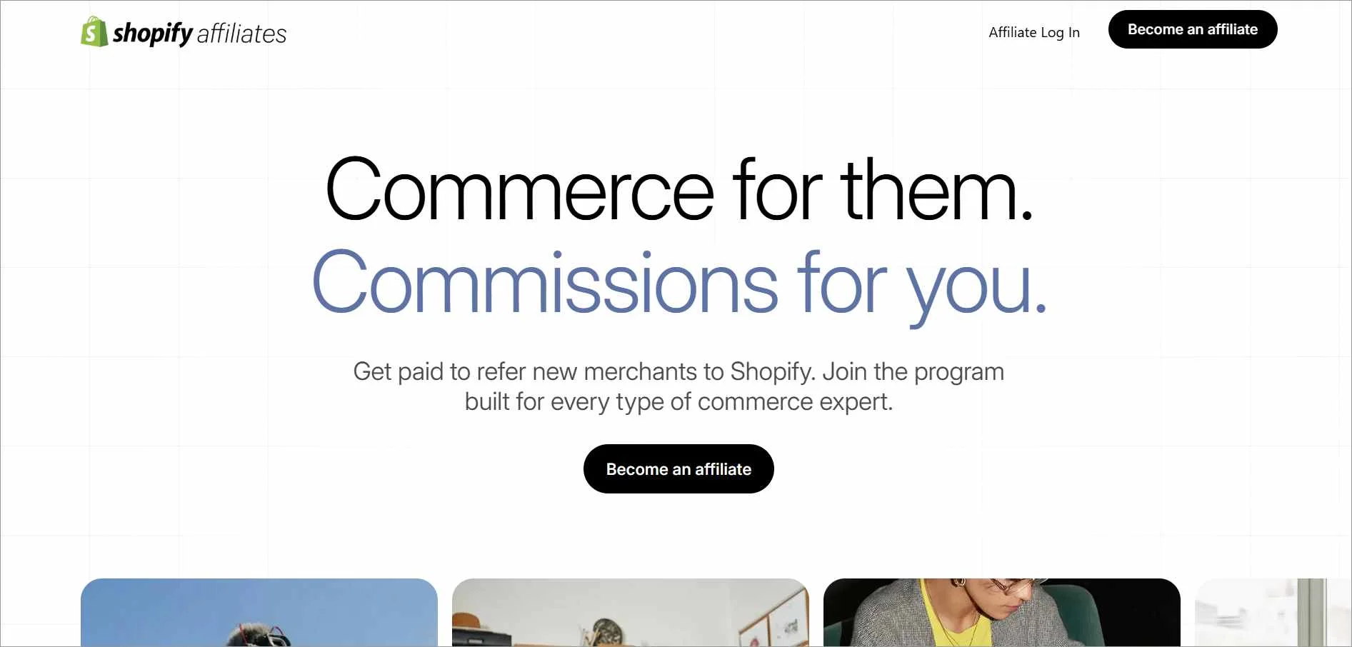 Shopify affiliate program page offering referral commissions for promoting ecommerce SaaS platform and online stores