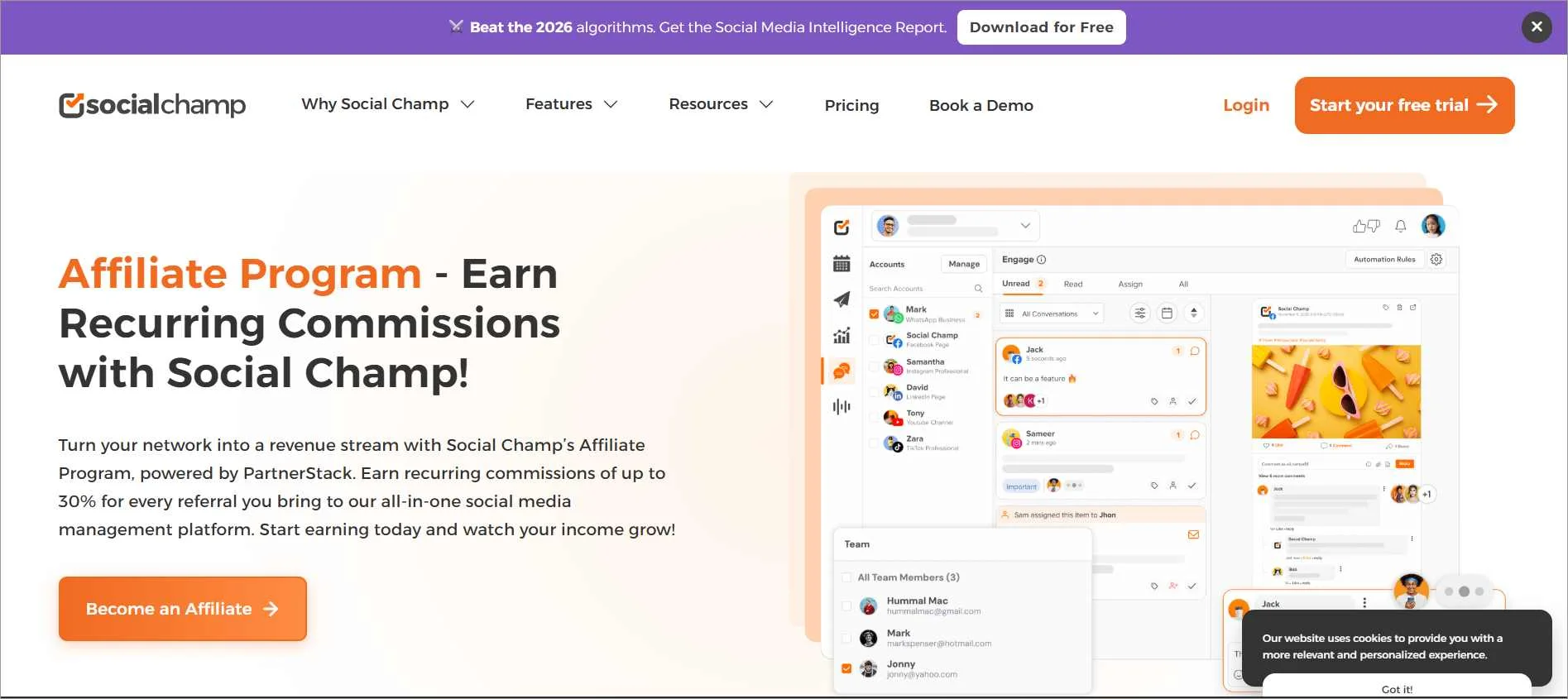 Social Champ affiliate program promoting social media automation software with recurring SaaS referral commissions