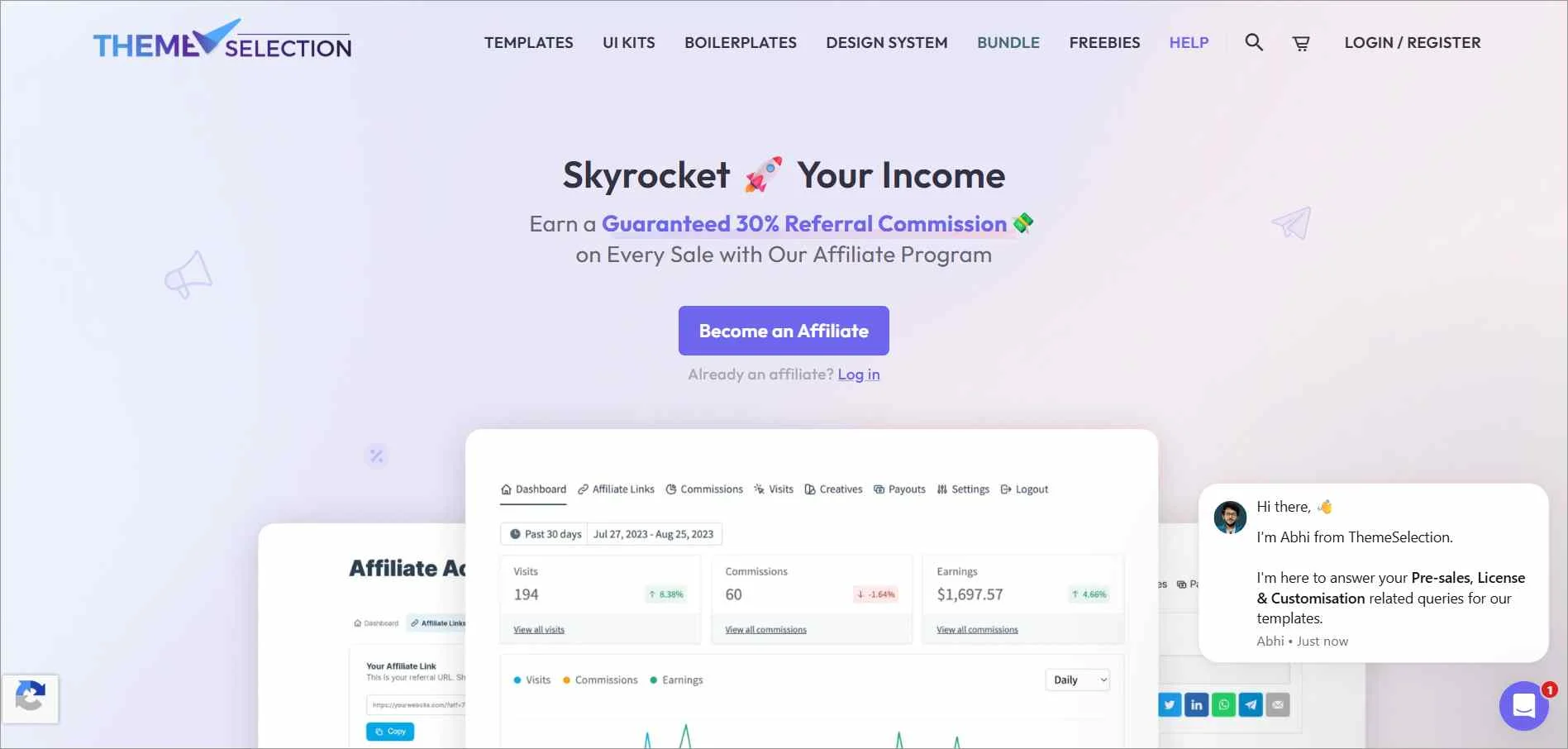 ThemeSelection affiliate program offering 30 percent referral commission for promoting SaaS templates and digital products