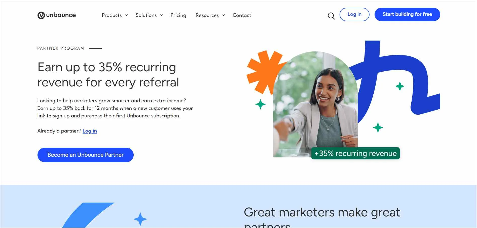 Unbounce affiliate program promoting landing page SaaS with 20 percent recurring referral commissions