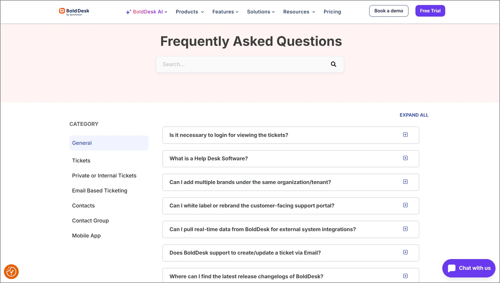 BoldDesk FAQ page with search bar. Categories questions include General, Tickets, and more, with selected questions visible under General.