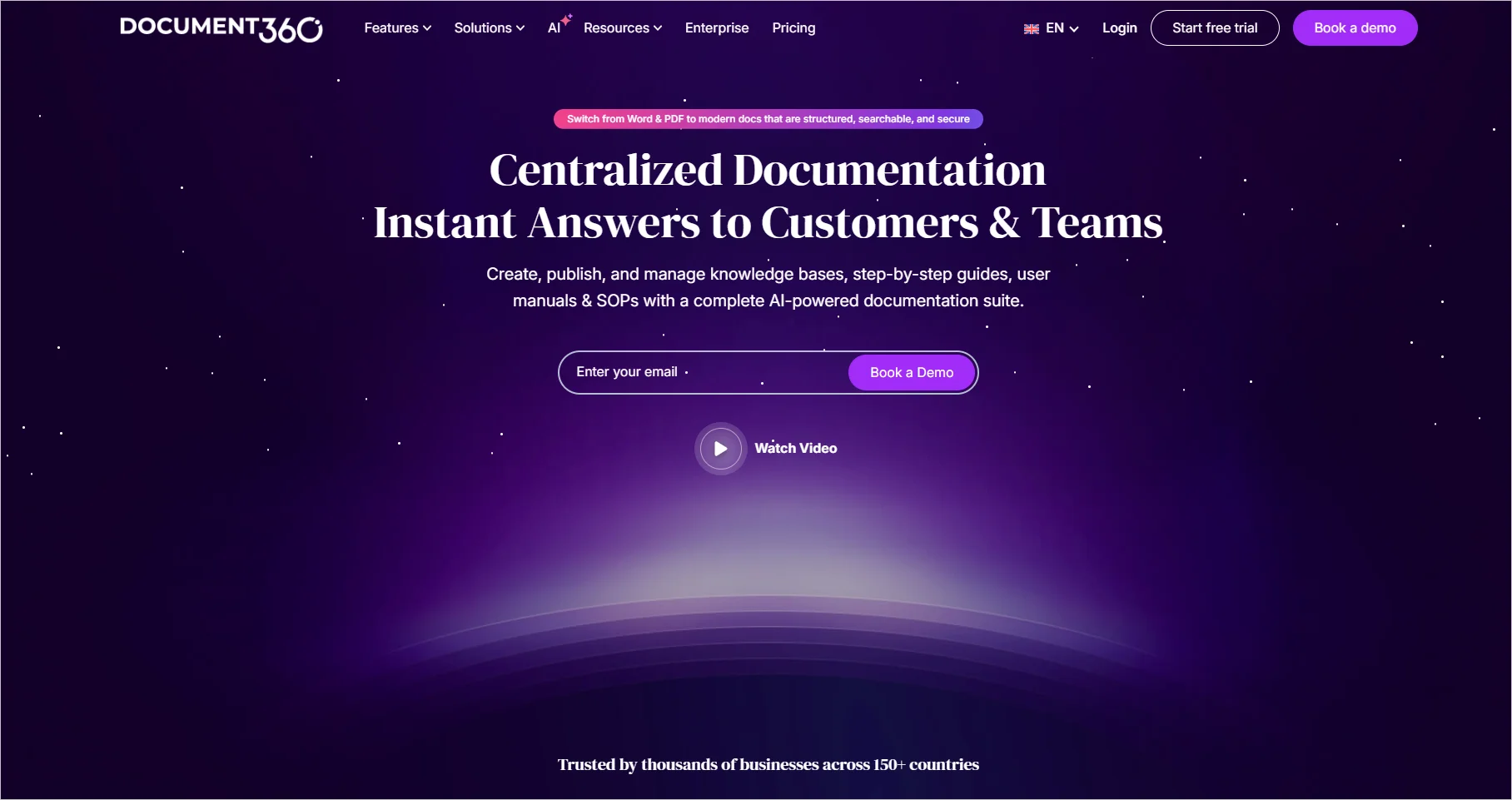 Image showing the home page of Document360 customer self-service portal software, with a button prompting users to input email and book a demo