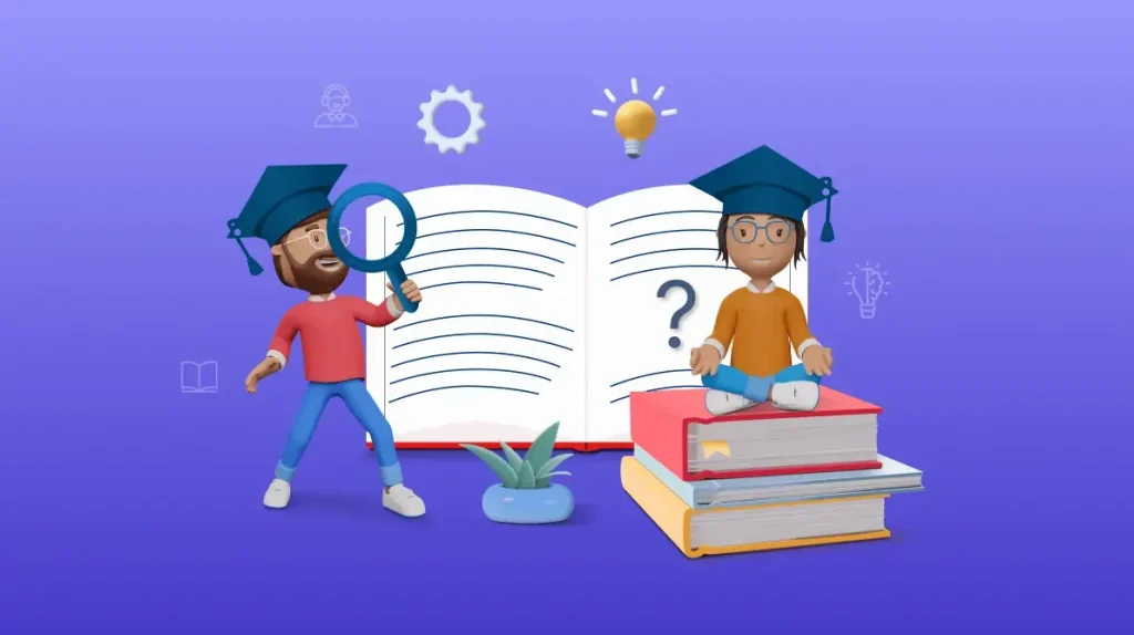 Two cartoon characters in graduation caps stand before an open book, one with magnifying glass, other meditating on books.