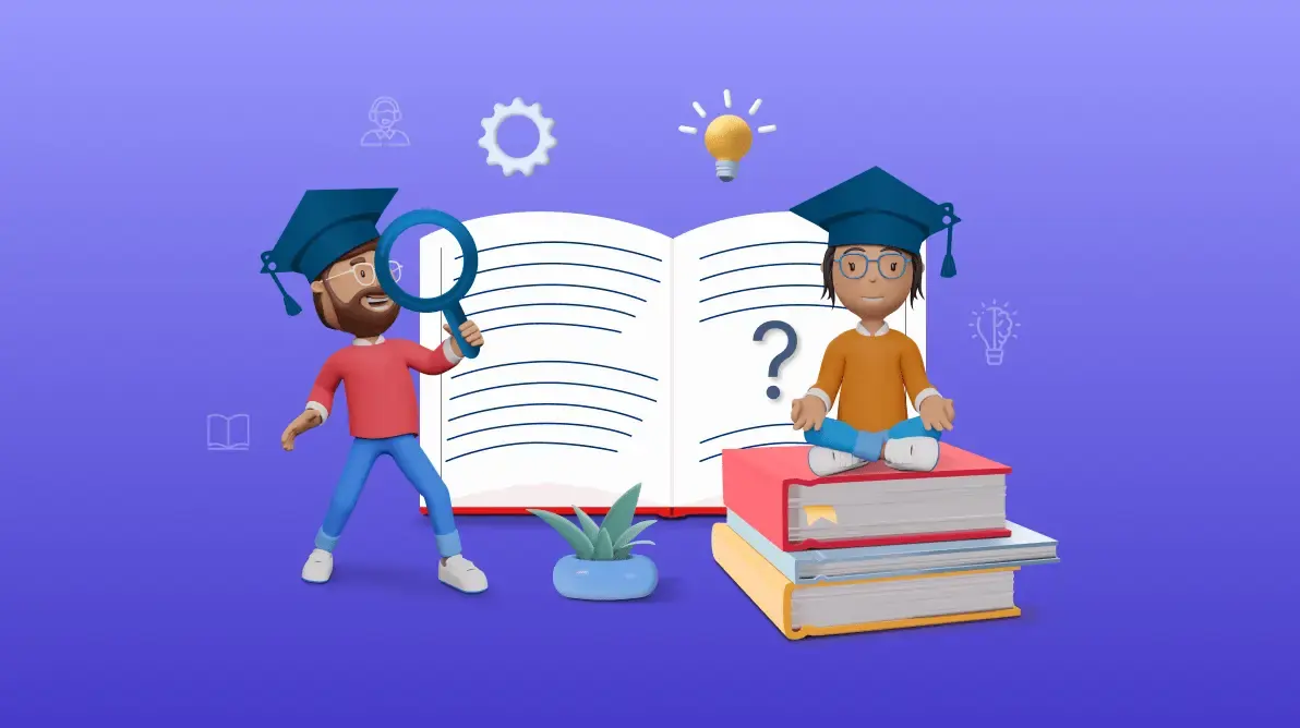 Two cartoon characters in graduation caps stand before an open book, one with magnifying glass, other meditating on books.