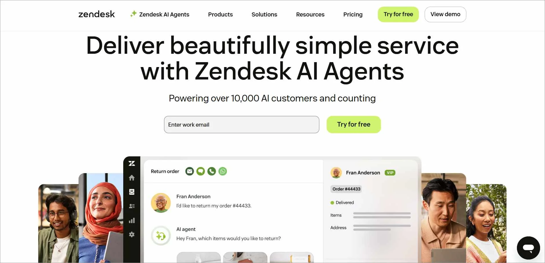 Zendesk site shows “AI-first service” text, a video call with smiling person, shoes in view, and a chatt box.
