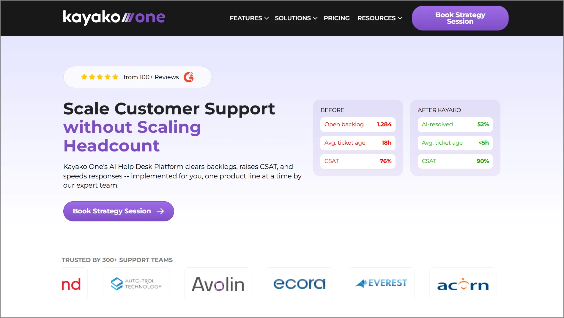Kayako interface with purple theme, showing inbox view, email threads, ticket statuses, and AI-powered automation features.
