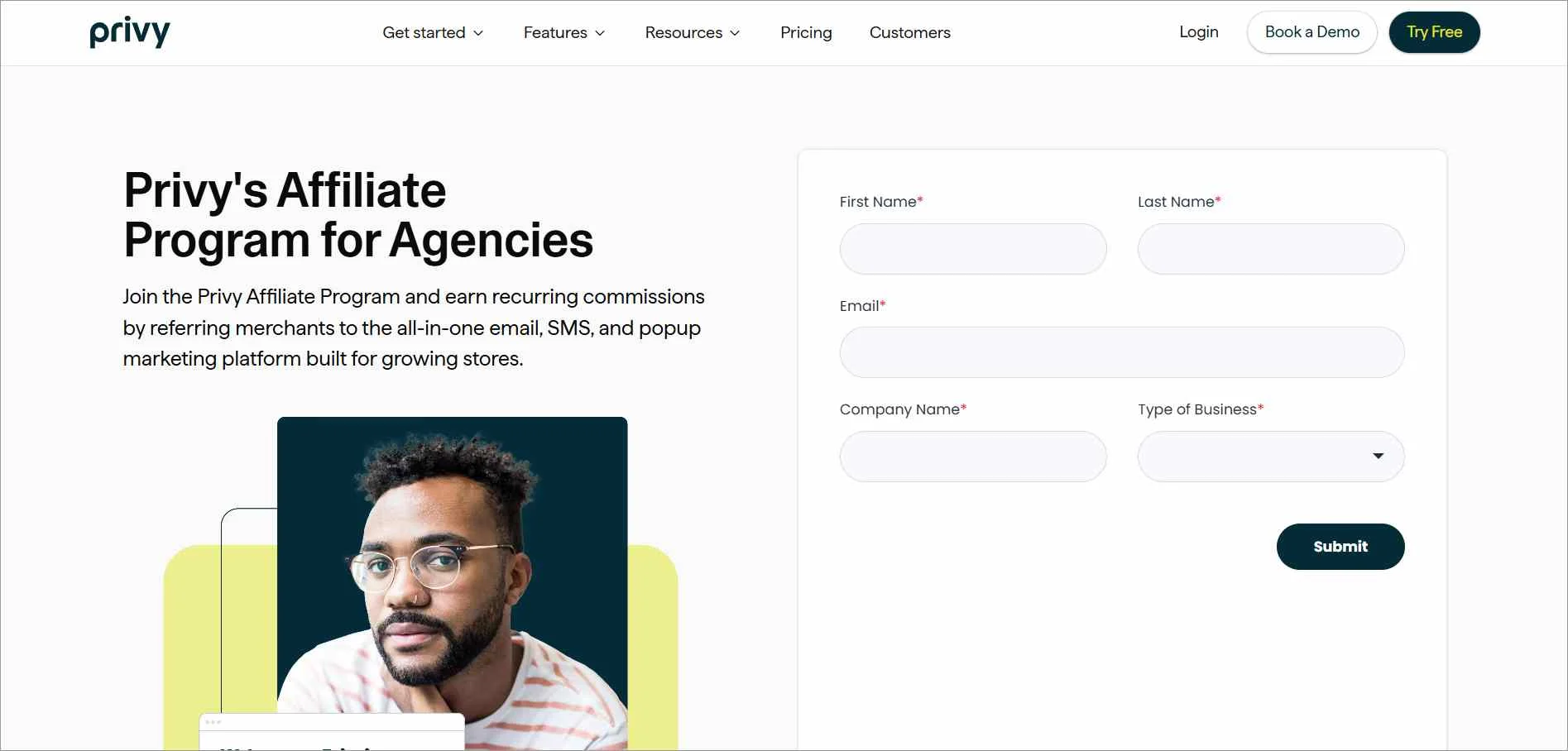 Privy affiliate program page demonstrating email marketing SaaS referrals with recurring commission opportunities