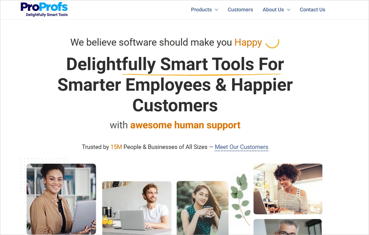 ProProfs Help Desk webpage promoting customer service software with AI integration, inboxes, and collaboration tools.