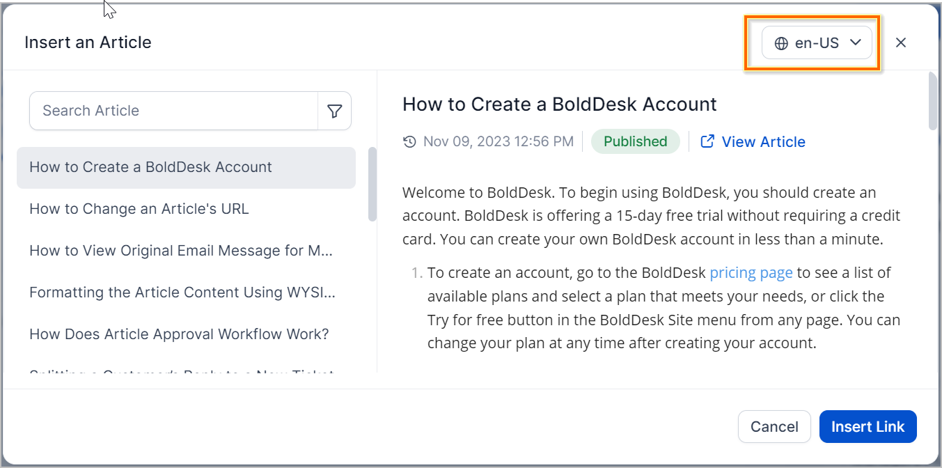 Specify the language when inserting KB articles in tickets