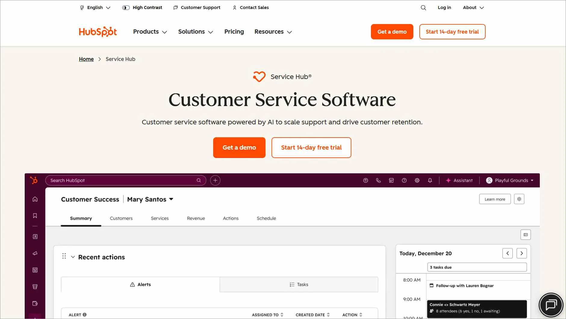 HubSpot customer service platform shown as a Zoho Desk alternative with CRM and AI-powered support features