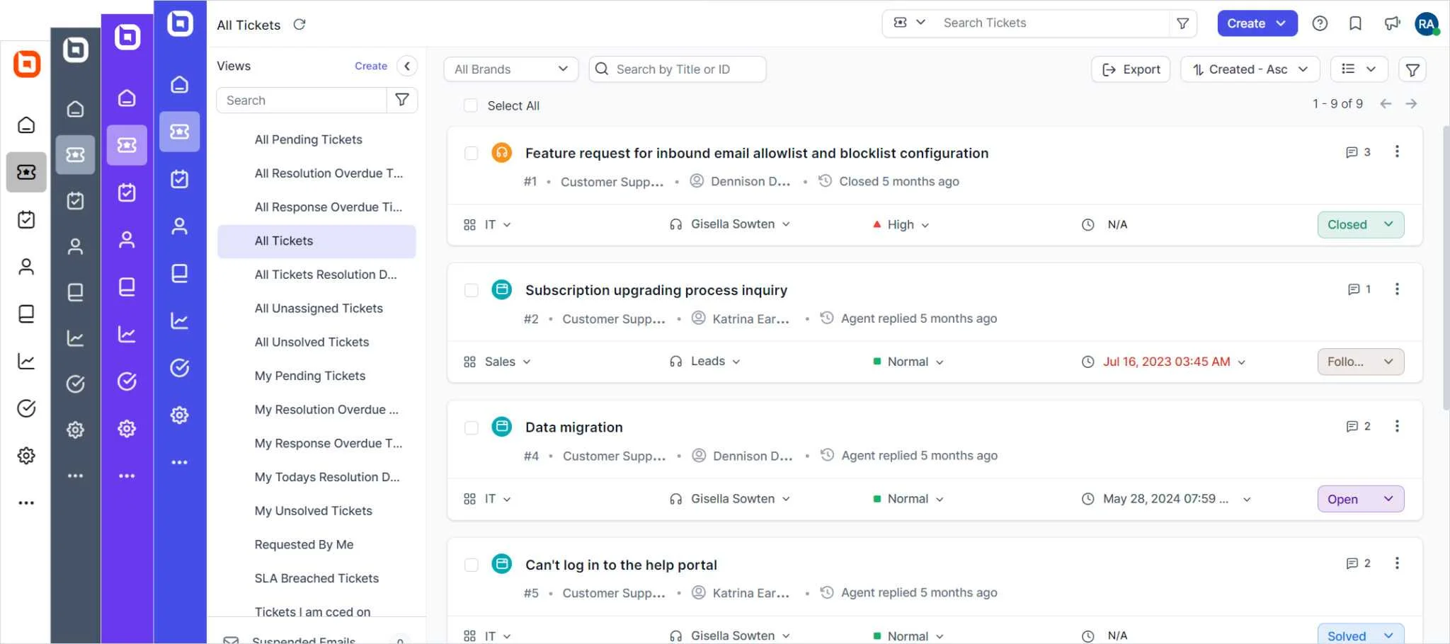 Support dashboard listing tickets with filters on sidebar, showing details like priority, status, and dates